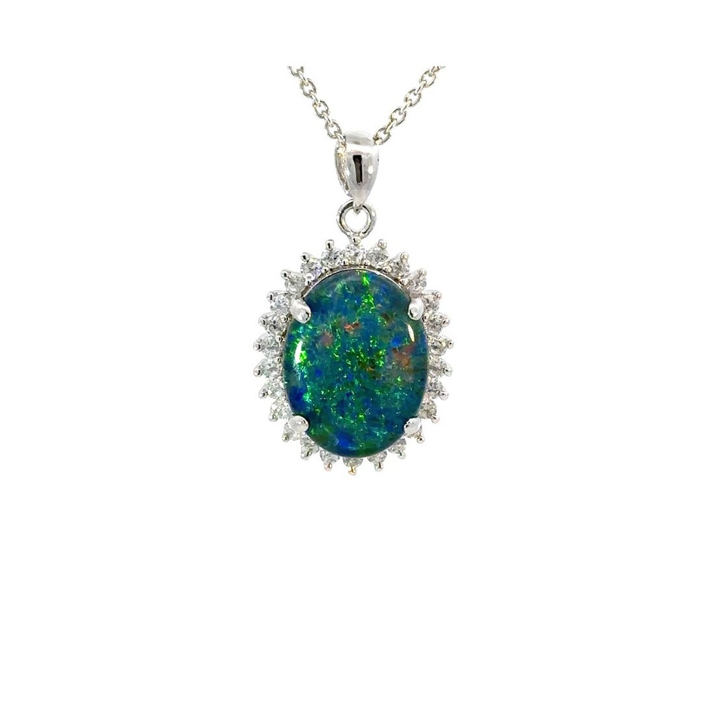 Opal Pendant | Triplet CZ Halo In Sterling Silver