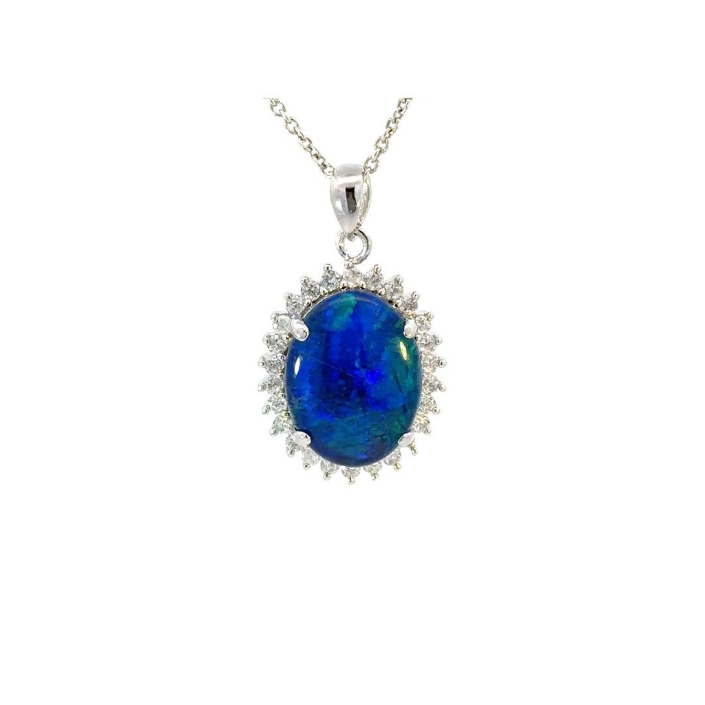 Triplet Opal Pendant In Silver With CZ Halo