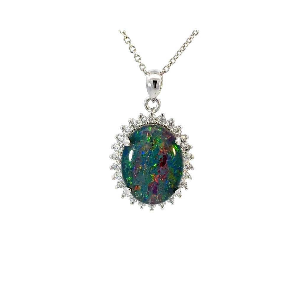 Opal Pendant | Triplet In Silver With CZ Halo