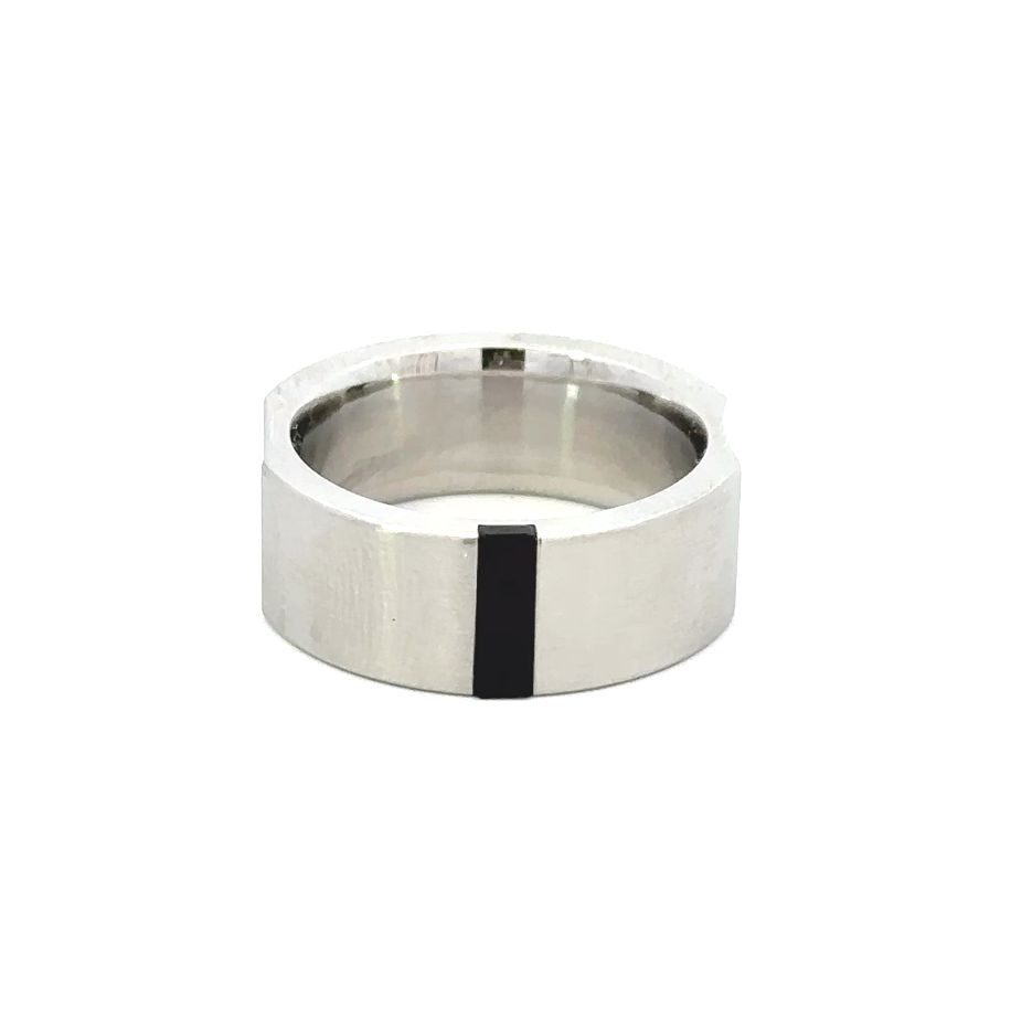 Stainless Steel Ring With Inlaid Onyx Strip