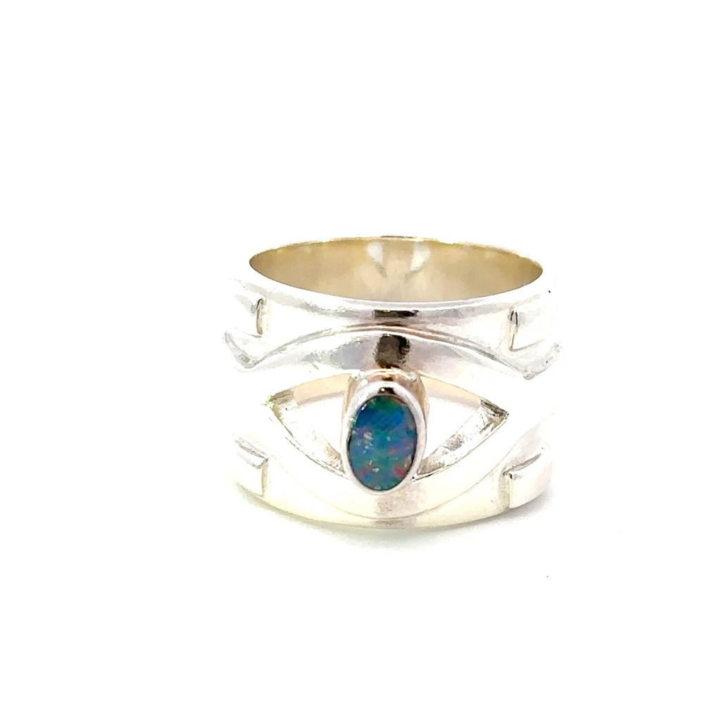 Wide Sterling Silver Ring Set With An Aussie Opal