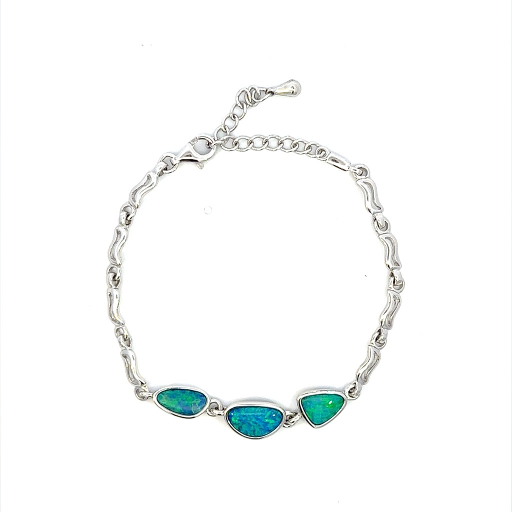 Vibrant Doublet Opals Set In A Sterling Silver Bracelet