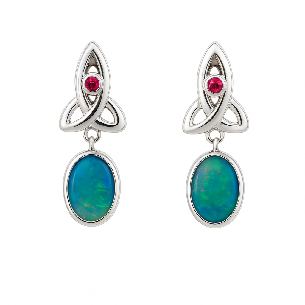 Opal Drops With Ruby Eternal Knot Stud Earrings