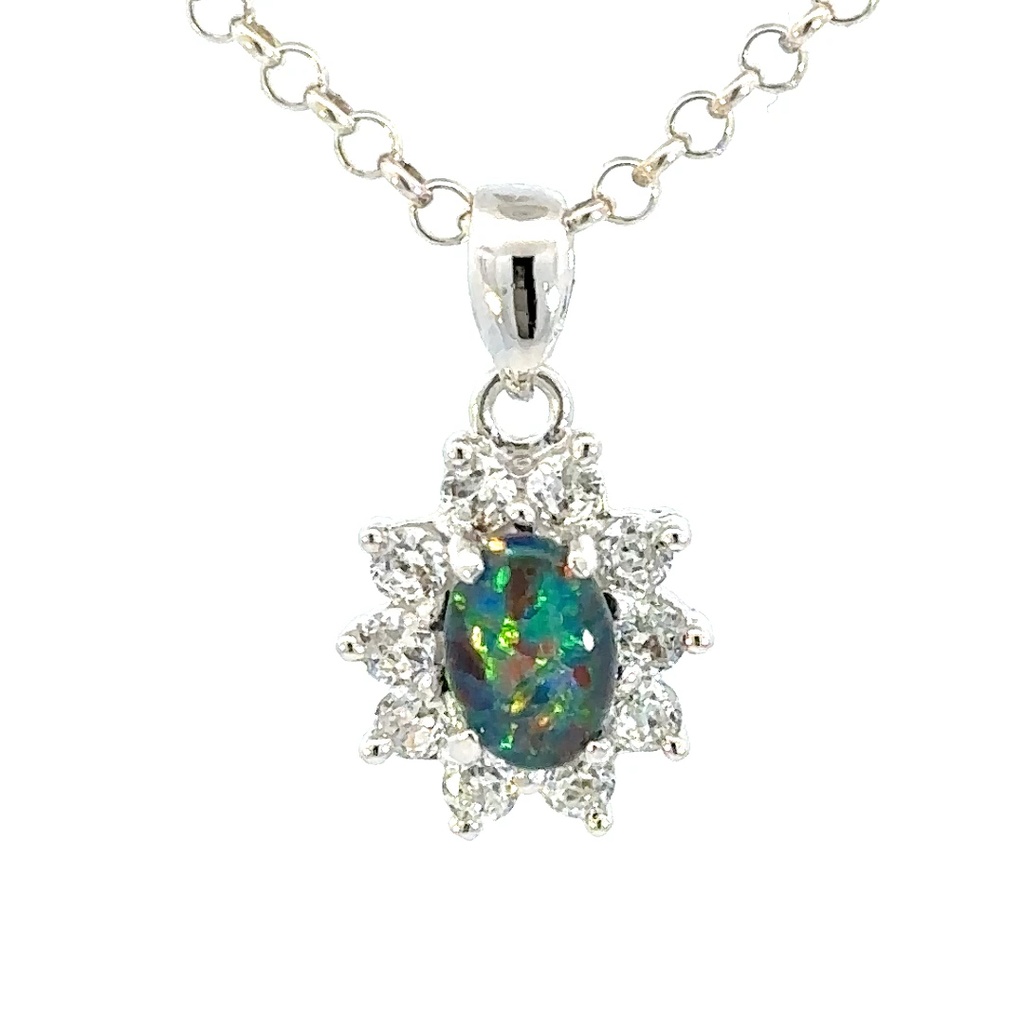Aussie Triplet Opal Pendant In Silver With Cubic Halo