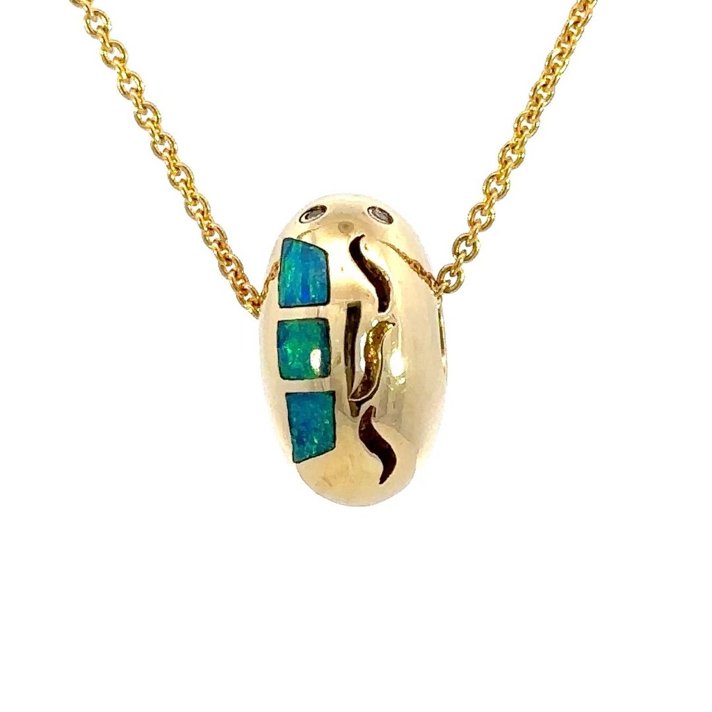 Inlaid Opal In A Unique Pod Shaped Pendant In 14K
