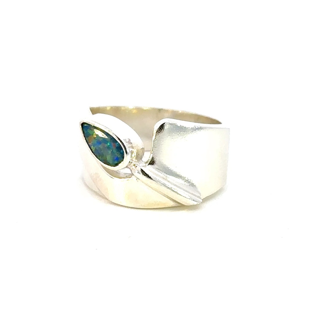 Wide Sterling Silver Ring Set With A Pear Shaped Opal