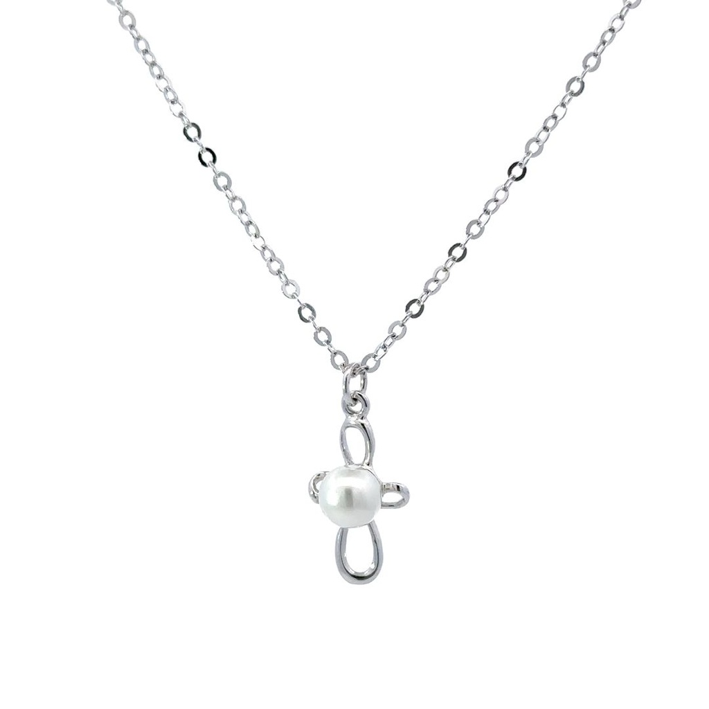 Petals Cross Pendant With Pearl Silver Necklace