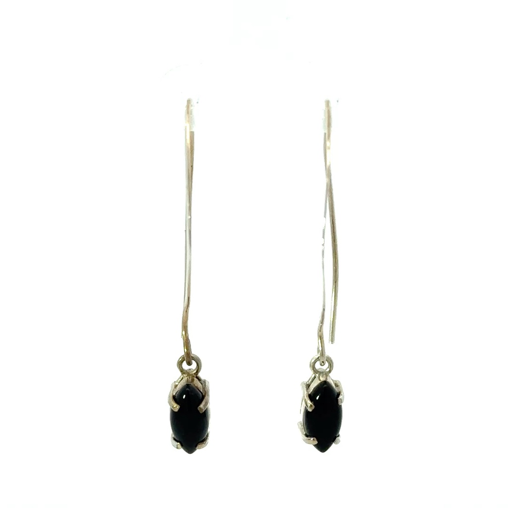 Onyx Drops On Long Silver Hook Earrings