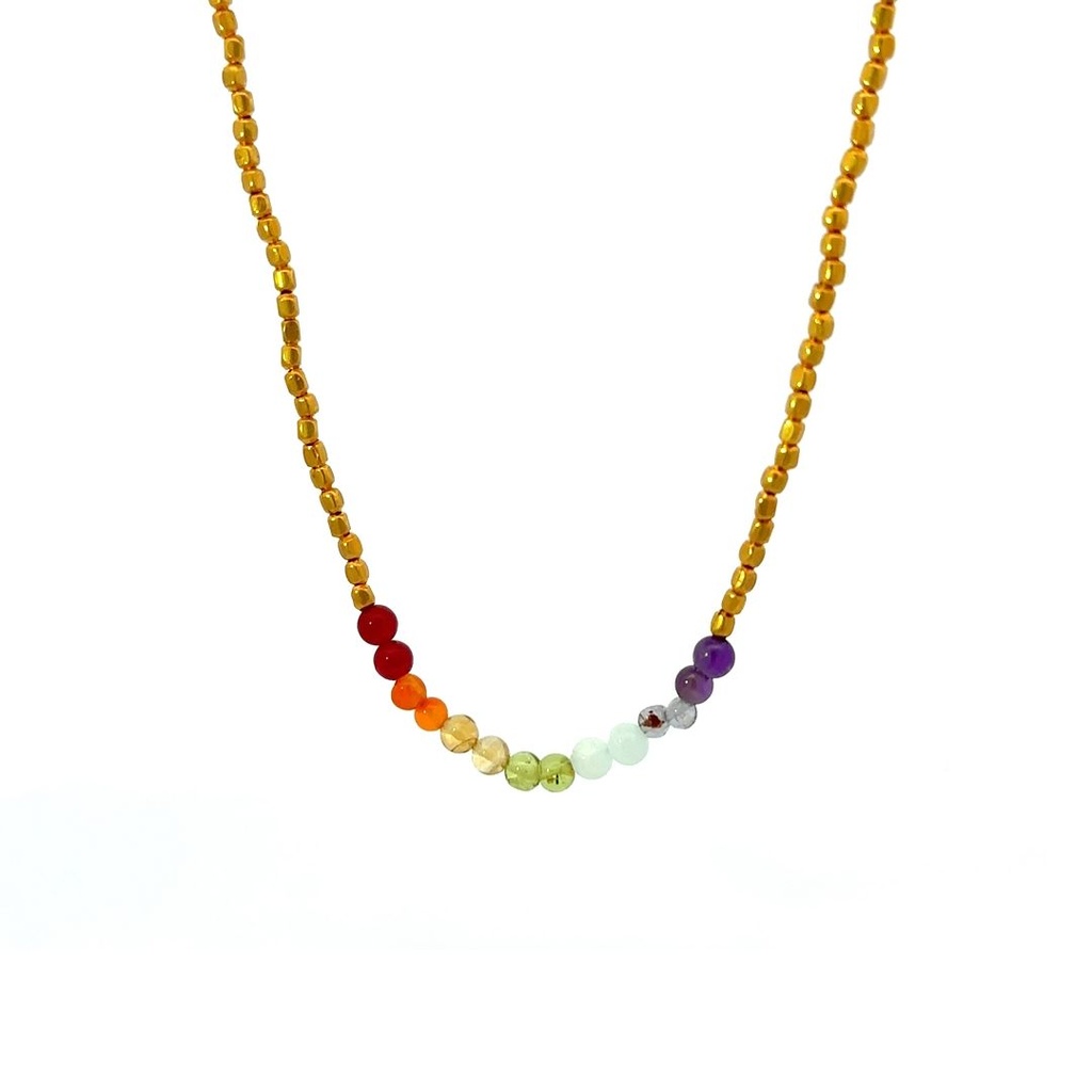Multi Coloured Gemstone & Gold Plated Bead Necklace