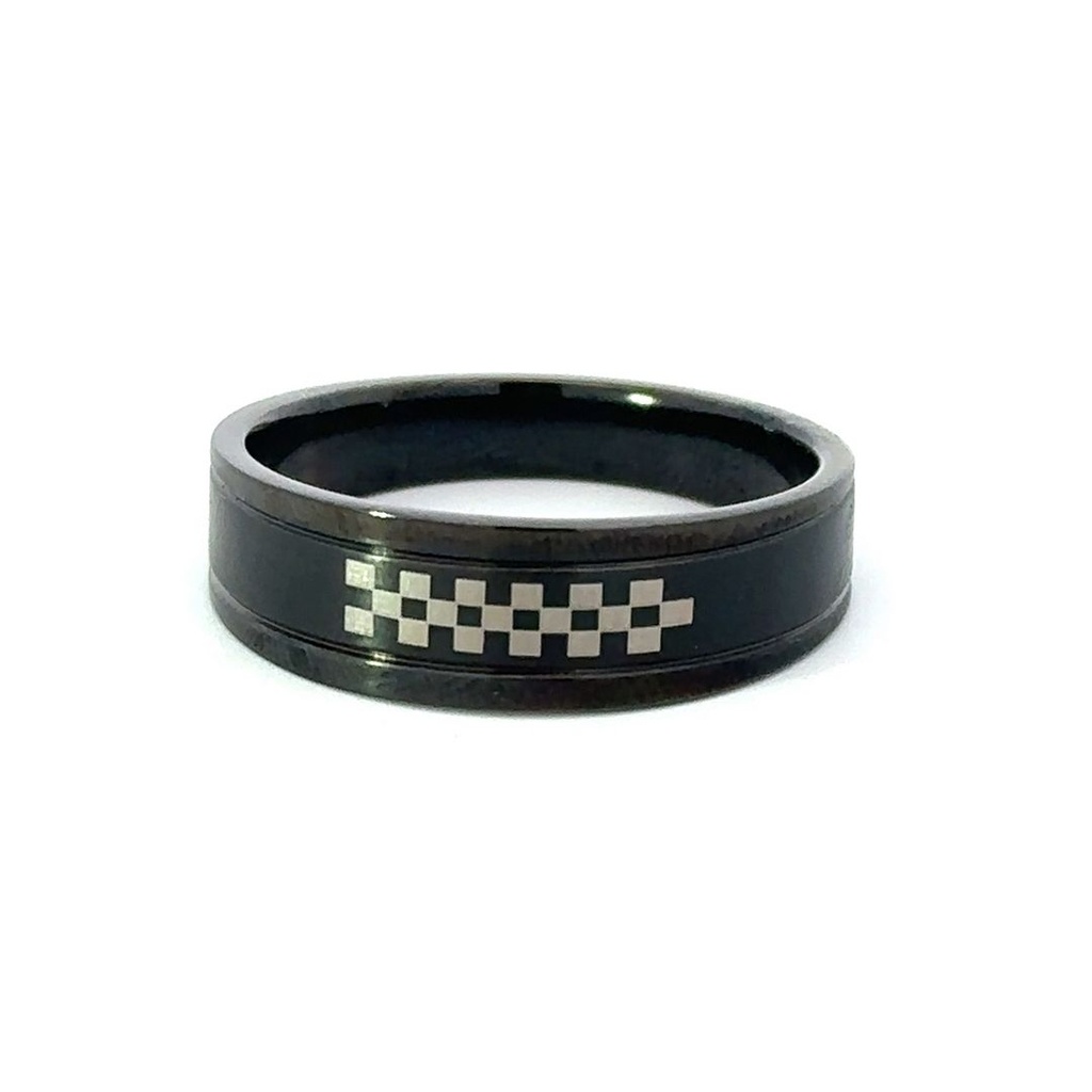 Black Steel Ring with Checkers
