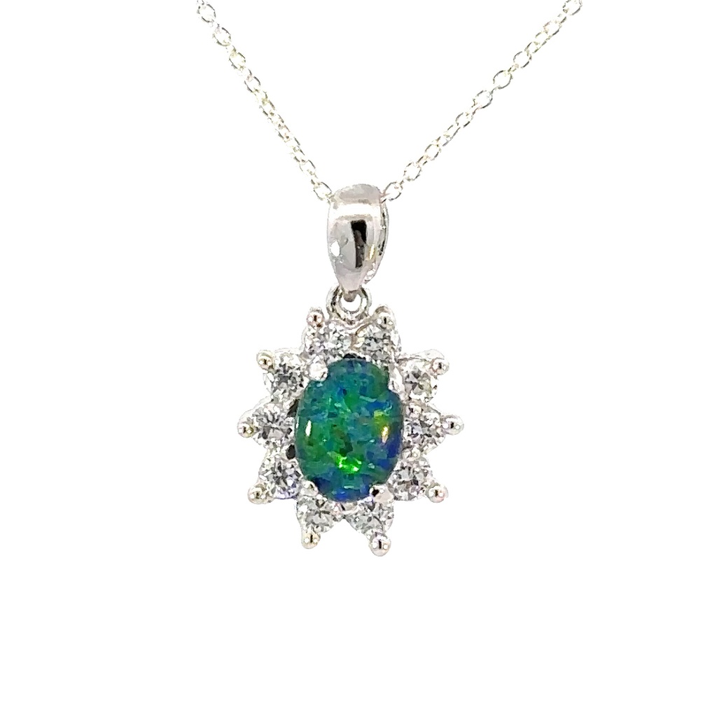 Elegant Opal & Cubic Halo Pendant In Silver