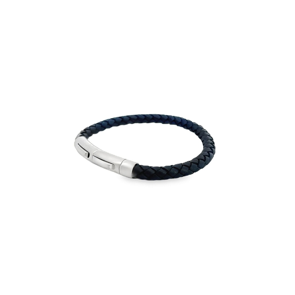 Men's Braided Navy Leather Bracelet With Steel Clasp