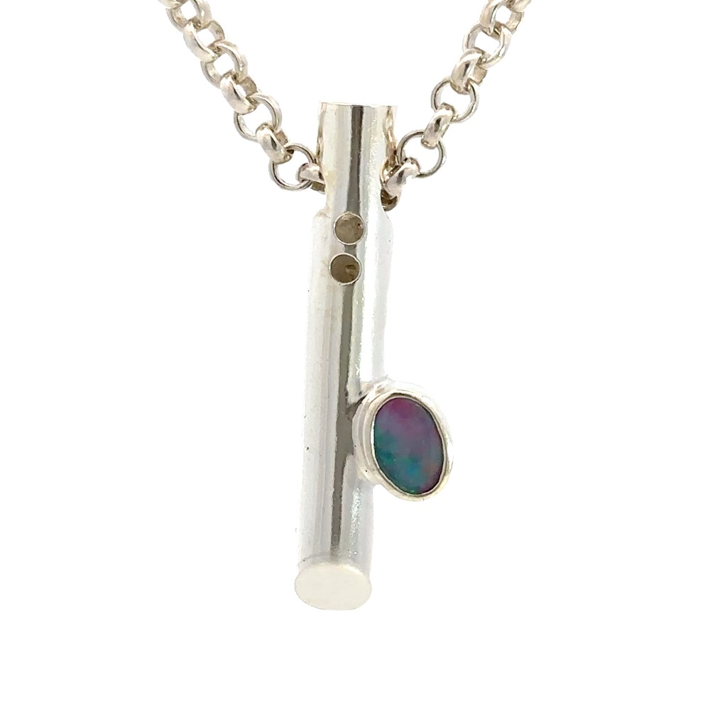 Silver Flute Shaped Pendant Featuring A Solid Aussie Opal