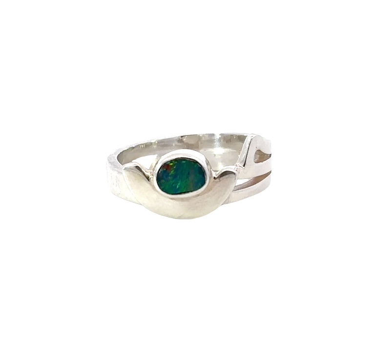 An Aussie Opal Ring In Blues & Greens In Silver