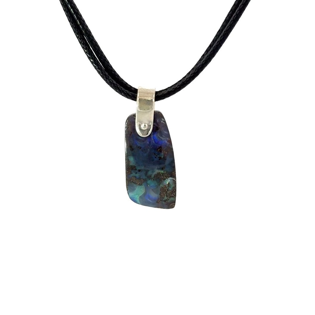 Boulder Opal Pendant W/ Silver on Leather