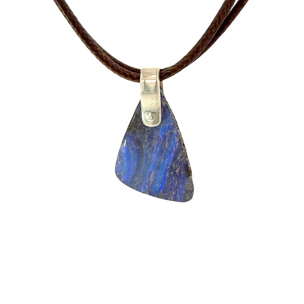 Silver Boulder Opal Pendant on Brown Leather