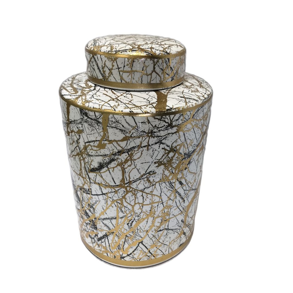 Ceramic White And Gold Vase With Lid
