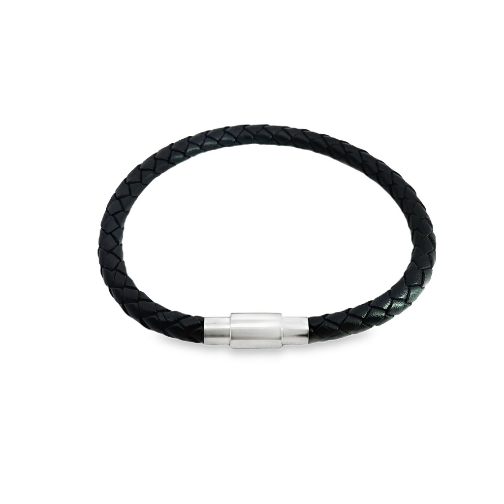Men's Black Leather Bracelet with Steel Clasp