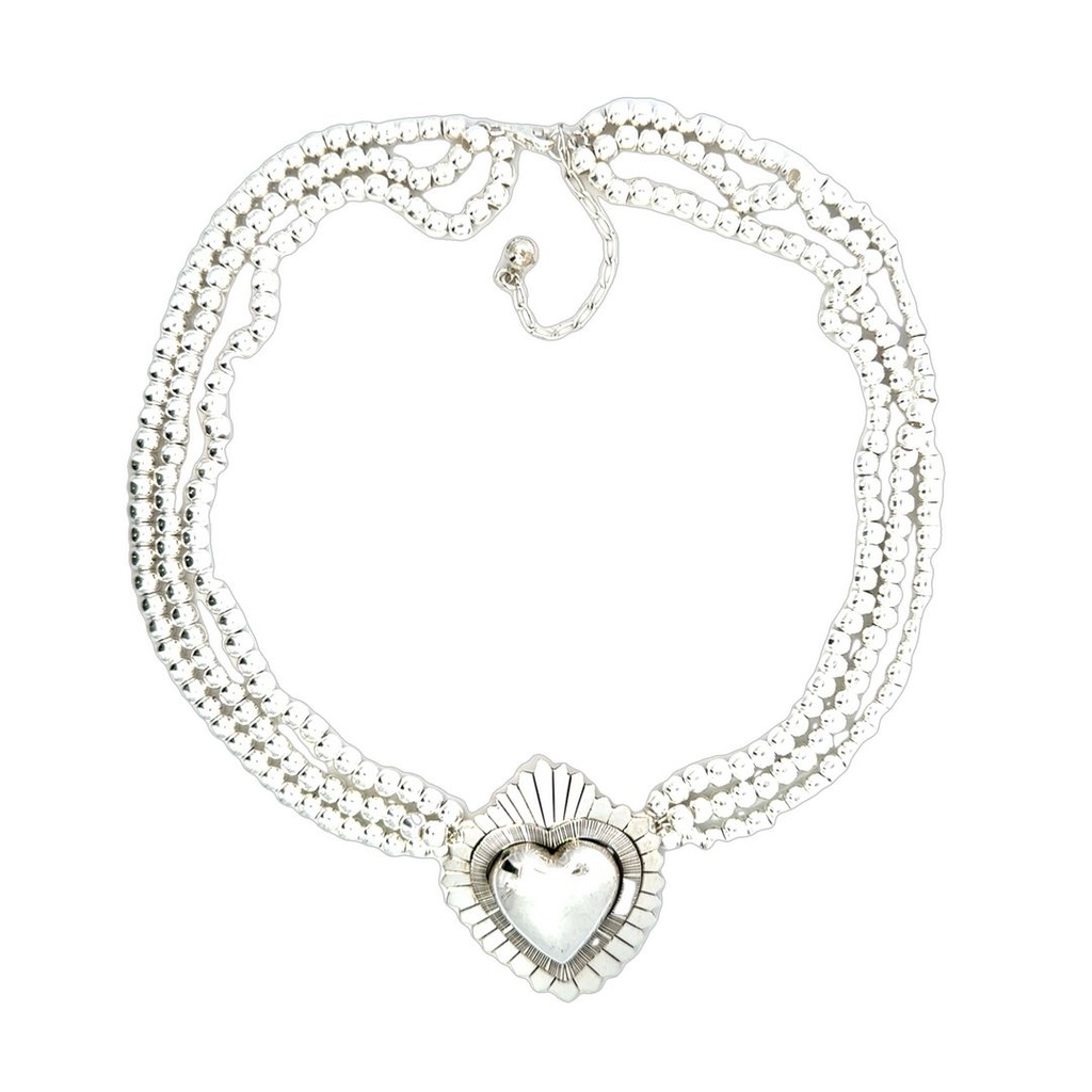 Silver Necklace Triple Bead Strand & Heart