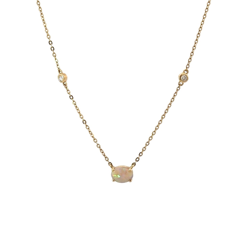 Opal Necklace & Diamond Detail | 14K Lightning Ridge