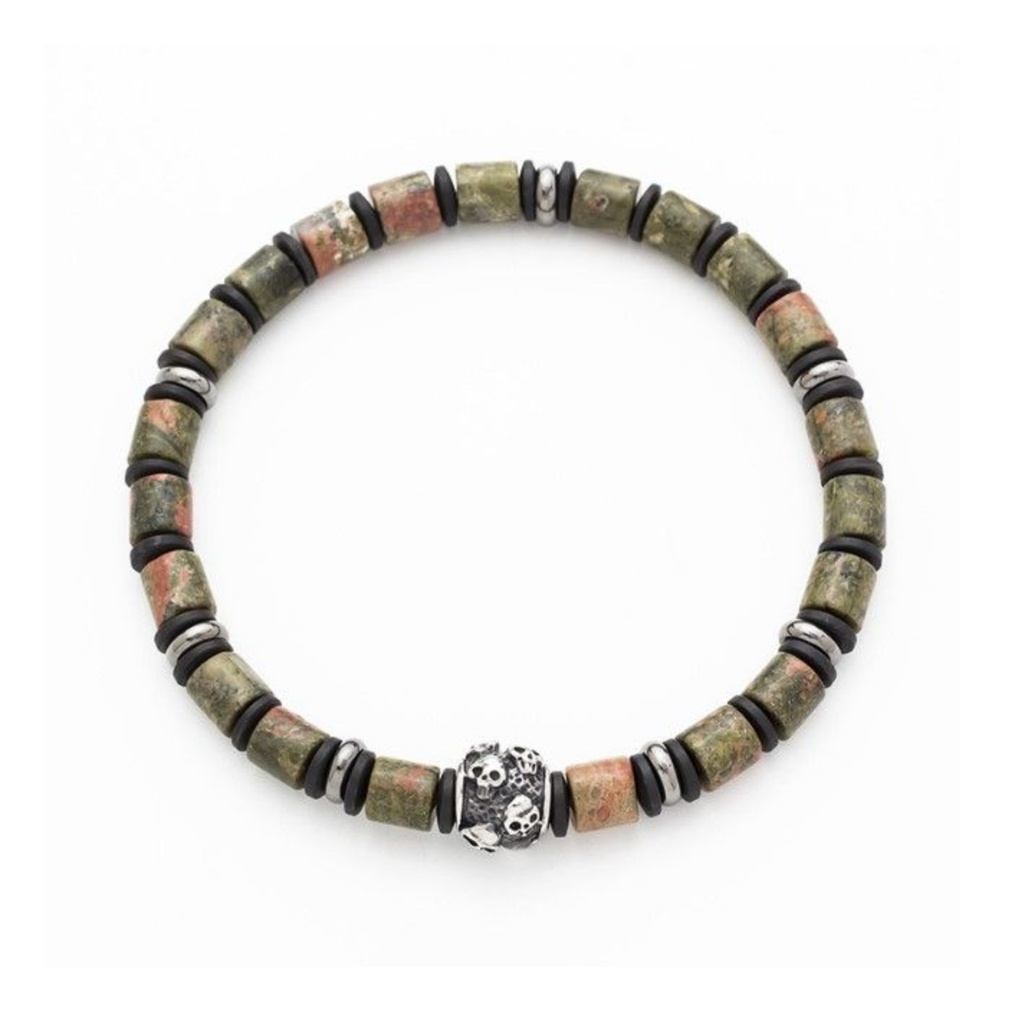 Epidote Stone Bracelet with Stainless Steel Skull Bead