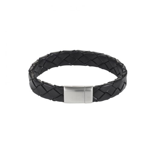 Black Leather Mens Bracelet With Stainless Steel Clasp