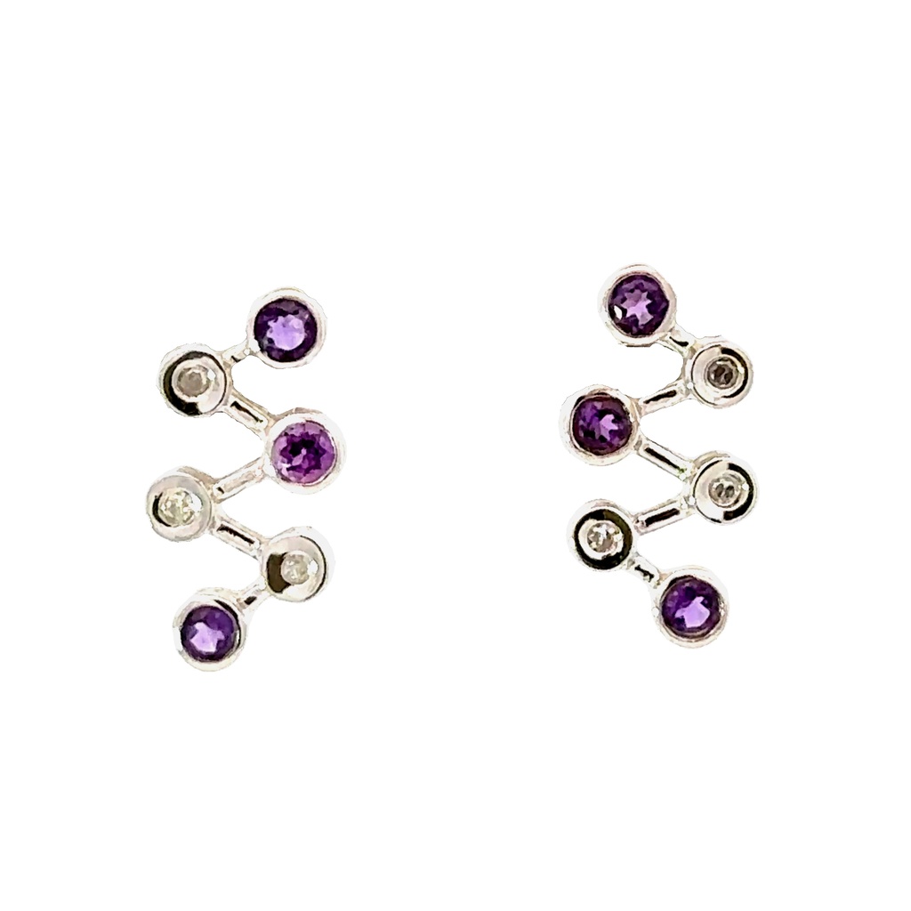 Amethyst And Diamond Stud Earrings In Zigzag Design | 14ct