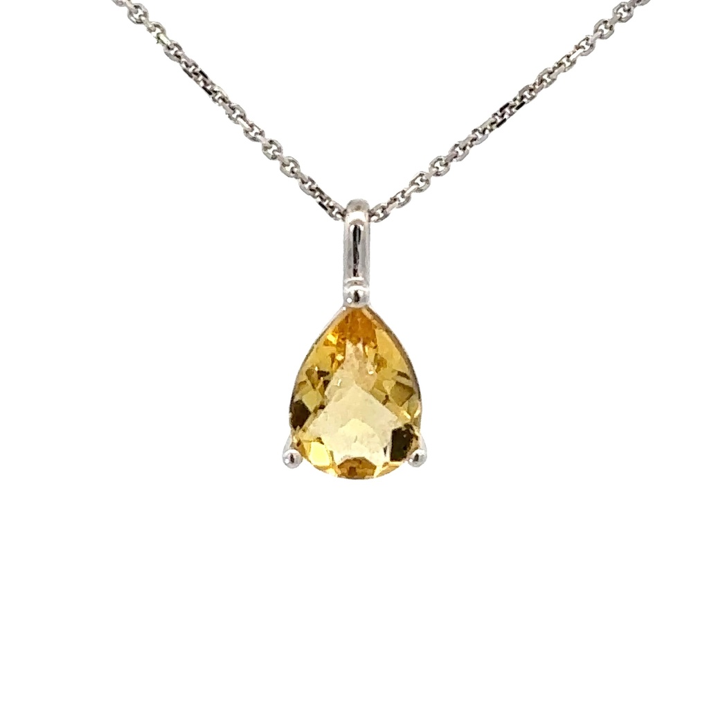 Yellow Beryl Teardrop Pendant In 14K White Gold