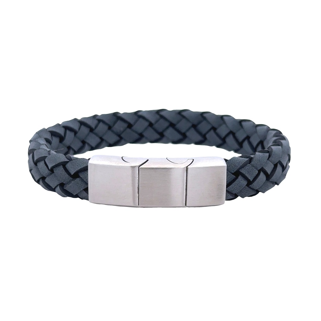 Blue Leather Mens Bracelet With Steel Clasp