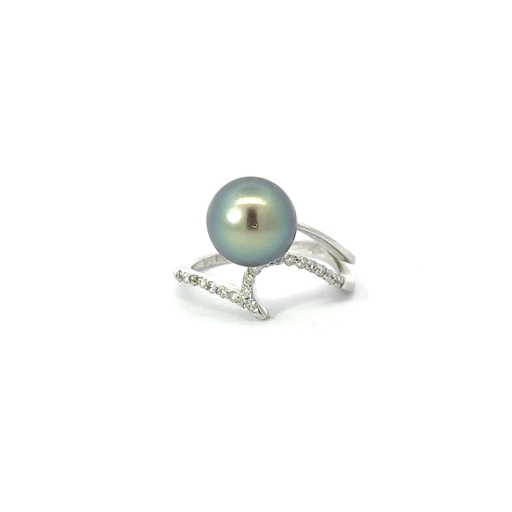 [25686] Tahitian Pearl & Diamond Ring In 18K White Gold