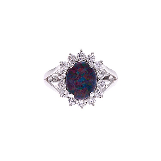 [25530/29249] Silver Opal Ring With Multi-Coloured Triplet & CZ Cluster