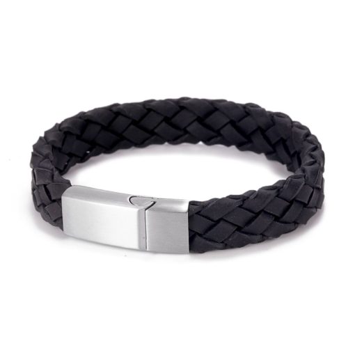[27763SCUleatherstainlesssteel] Black Leather Mens Bracelet With Steel Clasp