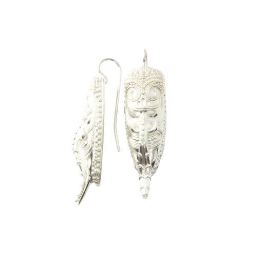 [22068JCSEmaskwithshell&pigtusk] Tribal Earrings With Pig Tusk & Shell Detail In Silver