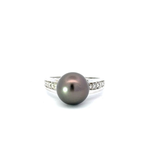 [25676SPG14WRTAPDIA] Tahitian Pearl & Diamond Ring In 14K White Gold