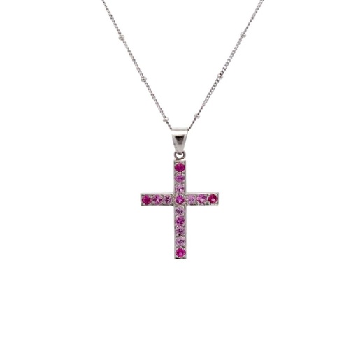 [4645JC18WPpinkSapphire] Pink Sapphire Cross In 18K