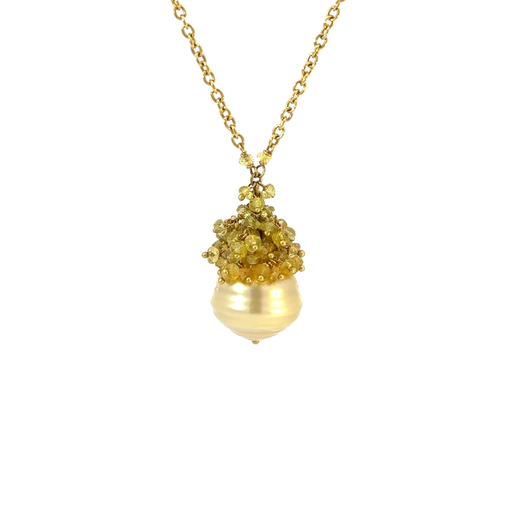 [24777SLEY18YNsappSSP29452] Gilded Splendor: Baroque Golden South Sea Pearl & Yellow Sapphire Cluster Necklace