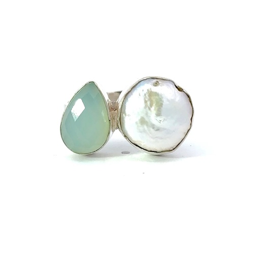 [29026SMWSRfwpchalcedony] Chalcedony & Freshwater Pearl Adjustable Silver Ring