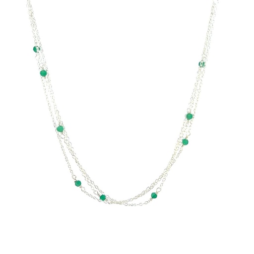 [29014SMWSNgreenagate] Three Strand Silver Necklace With Dyed Green Agate