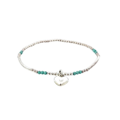 [28410] Sterling Silver & Turquoise Beaded Bracelet With Heart Charm