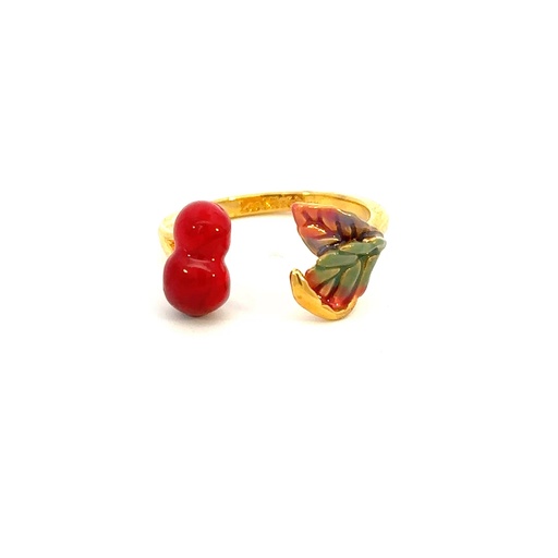 [28251SLNGPRcherriesnleaves] Cherries And Leaves Ring In Gold Plated Brass