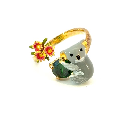 [28397SLNGPRkoalancrystal] Koala, Rosebud & Faceted Glass Adjustable Ring