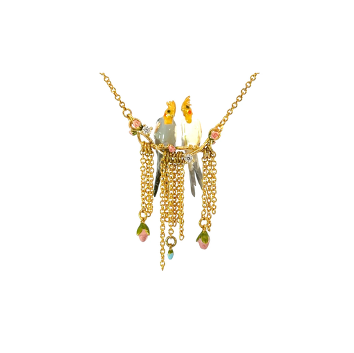 [28391SLNGPNtwocockatiels] Duo Of Cockatiel & Rosebuds Statement Necklace