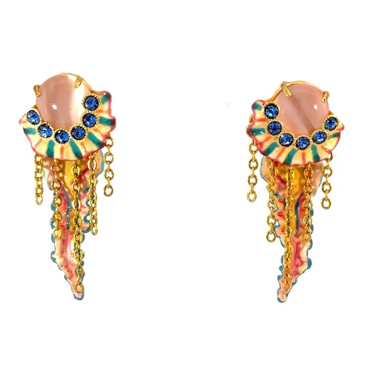 [28366SLNGPEjellyfish] Colourful Jellyfish & Light Blue Faceted Crystal Earrings