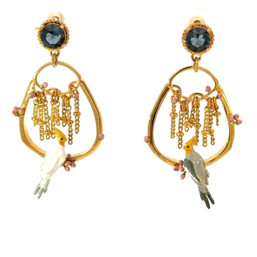 [28393SLNGPEcockatiels] Duo Of Cockatiels & Rosebud Post Earrings