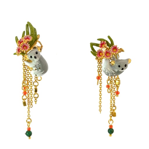 [28395SLNGPEdanglingkoalas] Duo Of Koalas, Pink Eucalyptus & Malachite Earrings