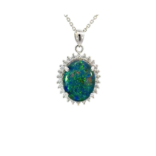 [25510SPGSPtriop] Opal Pendant | Triplet CZ Halo In Sterling Silver