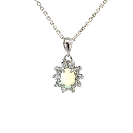 [24629SPGSPOPALcz] White Opal With CZ Halo Pendant In Sterling Silver
