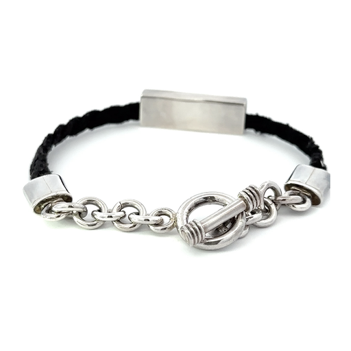 [10580SisbrPLAT&SBAR] Silver Bar On Black Cord Bracelet