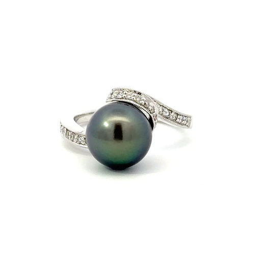 [29714SPG18WRTahpdia] Tahitian Pearl Ring With A Wavy Diamond Set Band In 18K