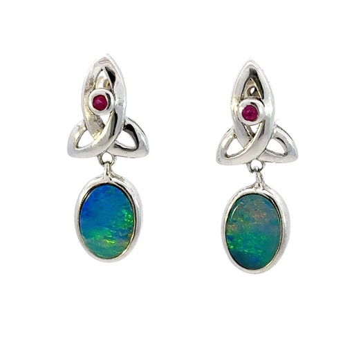 [27034] Opal Drops With Ruby Eternal Knot Stud Earrings